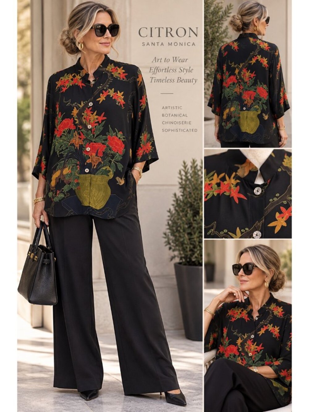 Citron Santa Monica Plus 0X Asian Vase Floral Bird Art to Wear Chinoiserie Top